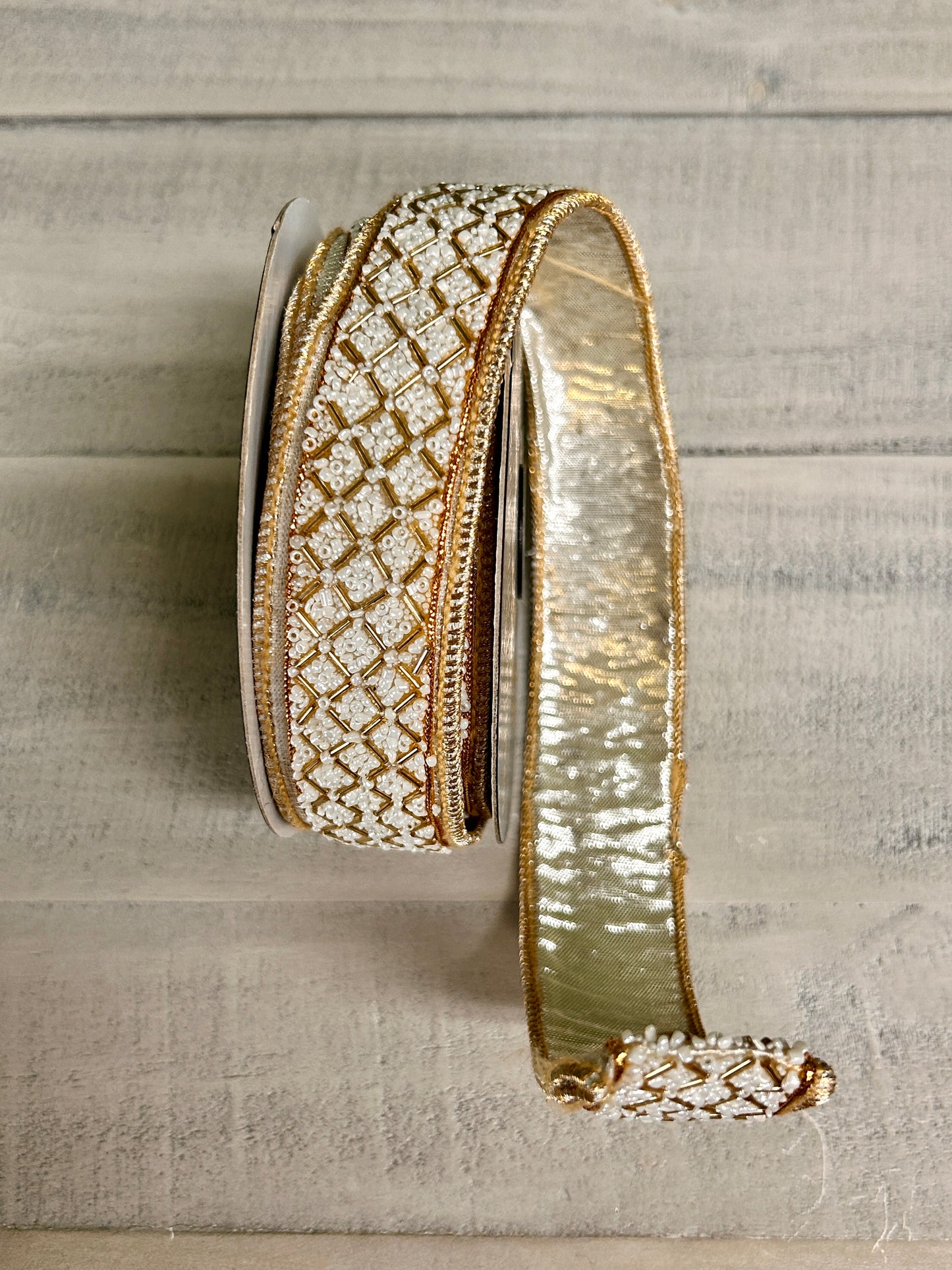 John Mark Enterprises 1.5 Inch By 5 Yard Ivory And Gold Beaded Trim Metallic Ribbon
