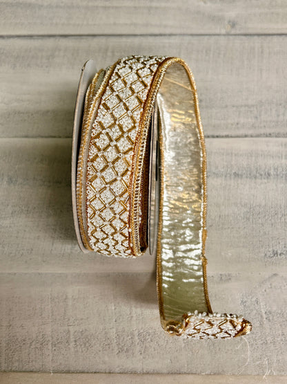 John Mark Enterprises 1.5 Inch By 5 Yard Ivory And Gold Beaded Trim Metallic Ribbon