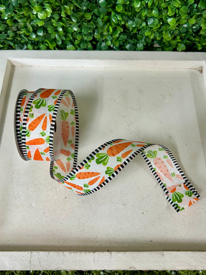1.5 Inch By 10 Yard White Linen With Carrots And Black And White Check Edging Ribbon