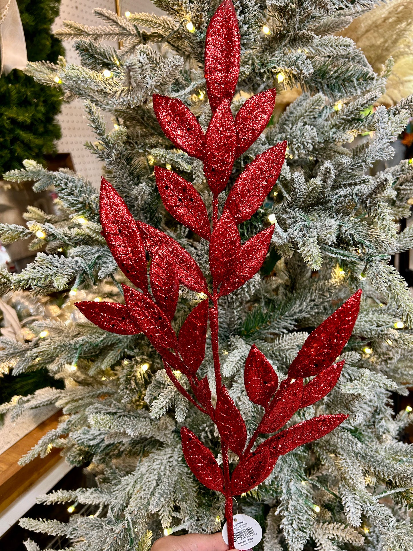 29 Inch Red Glitter Bay Leaf Spray