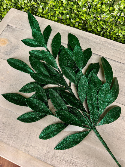 23 Inch Hunter Green Glitter Bay Leaf Spray