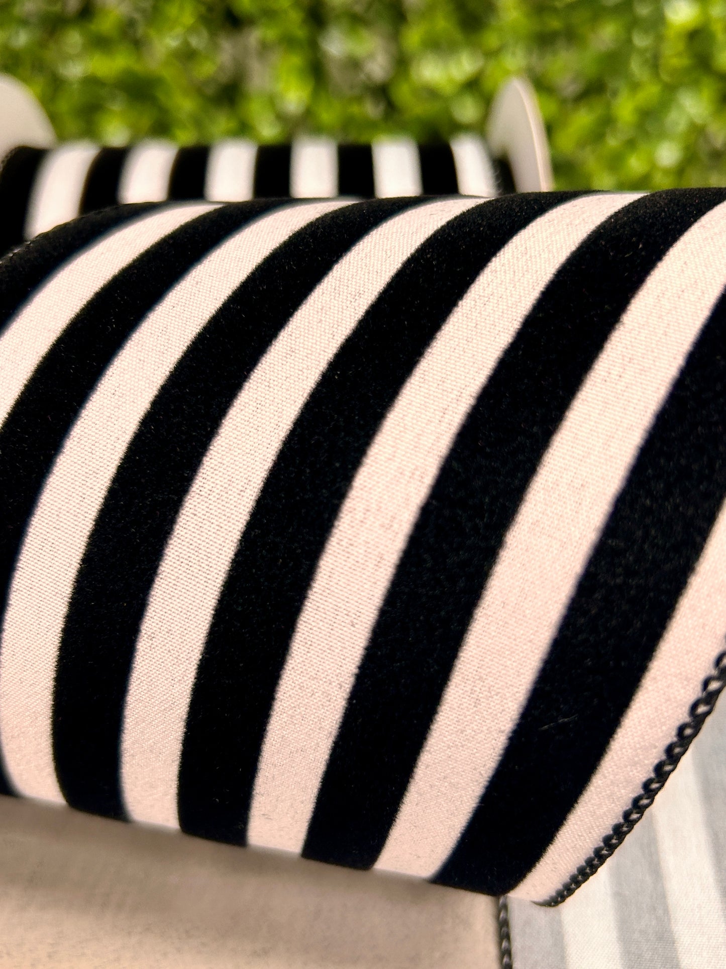 4 Inch By 10 Yard Black And White Flocked Cabana Stripes Ribbon