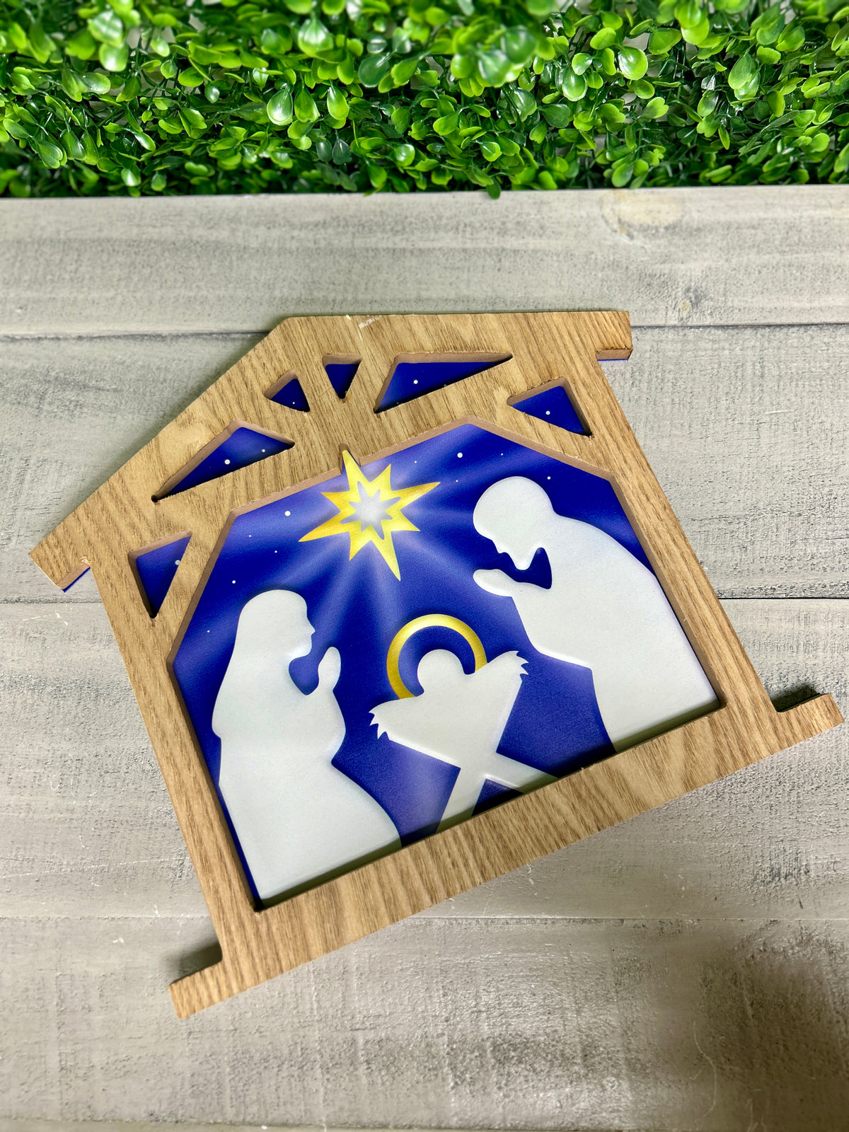 10.5 Inch Navy And Gold Metal Nativity Sign
