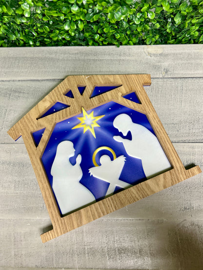 10.5 Inch Navy And Gold Metal Nativity Sign