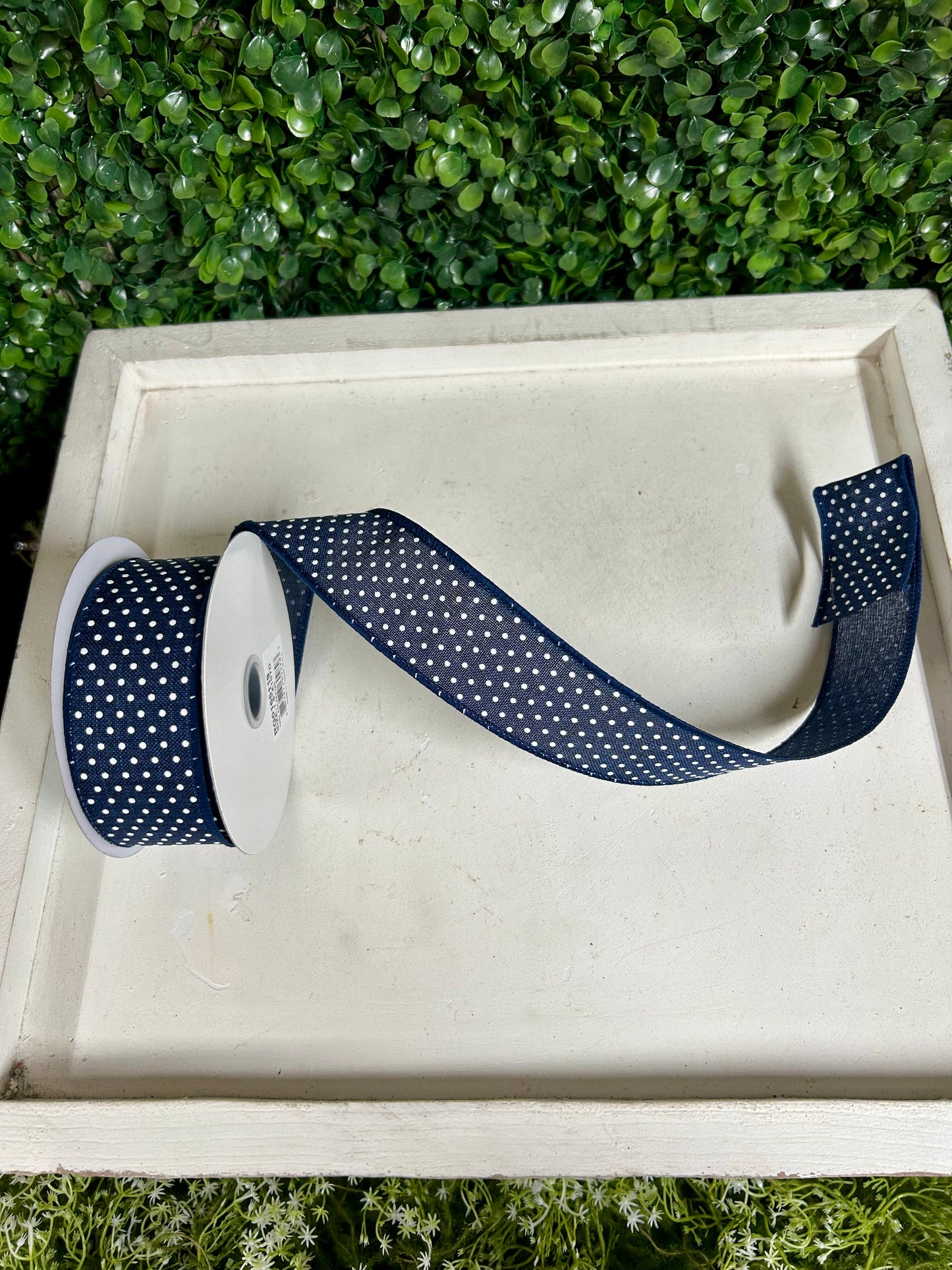 1.5 Inch By 10 Yard Navy Blue And White Raised Swiss Dots On Royal Ribbon