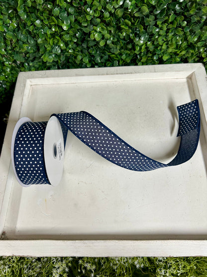 1.5 Inch By 10 Yard Navy Blue And White Raised Swiss Dots On Royal Ribbon