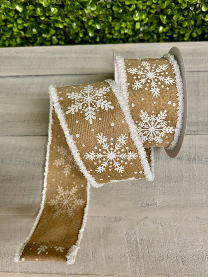 2.5 Inch By 10 Yard White Glittered Snowflakes On Light Beige Background With Snowdrift Edging Ribbon