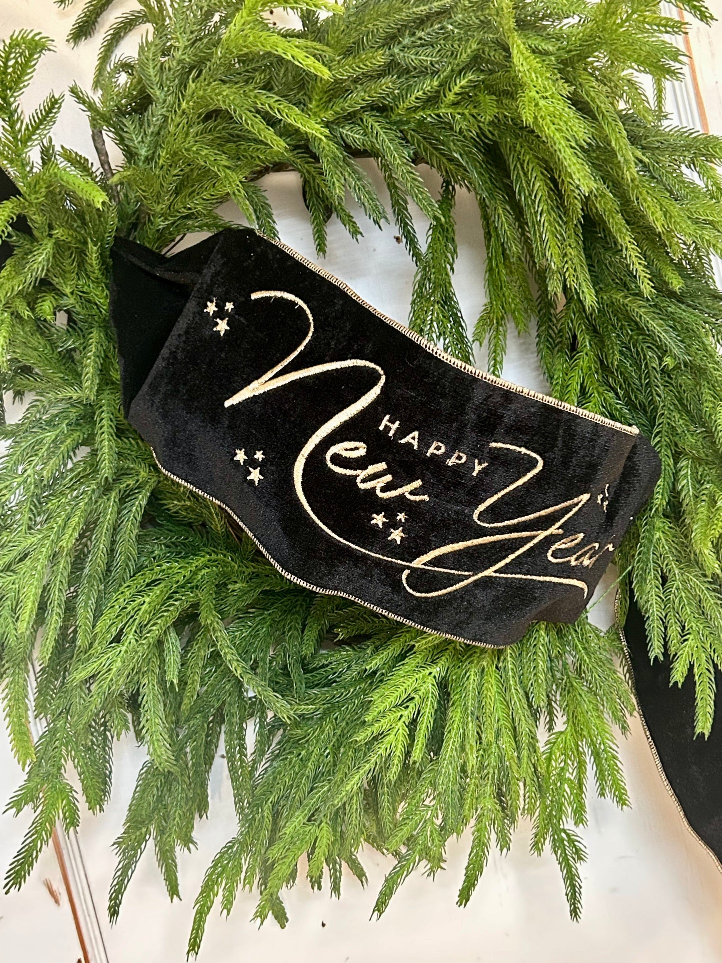 6 Inch By 56 Yards Black And Gold Velvet Embroidered Happy New Year Banner