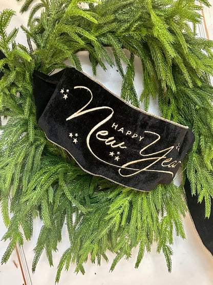 6 Inch By 56 Yards Black And Gold Velvet Embroidered Happy New Year Banner