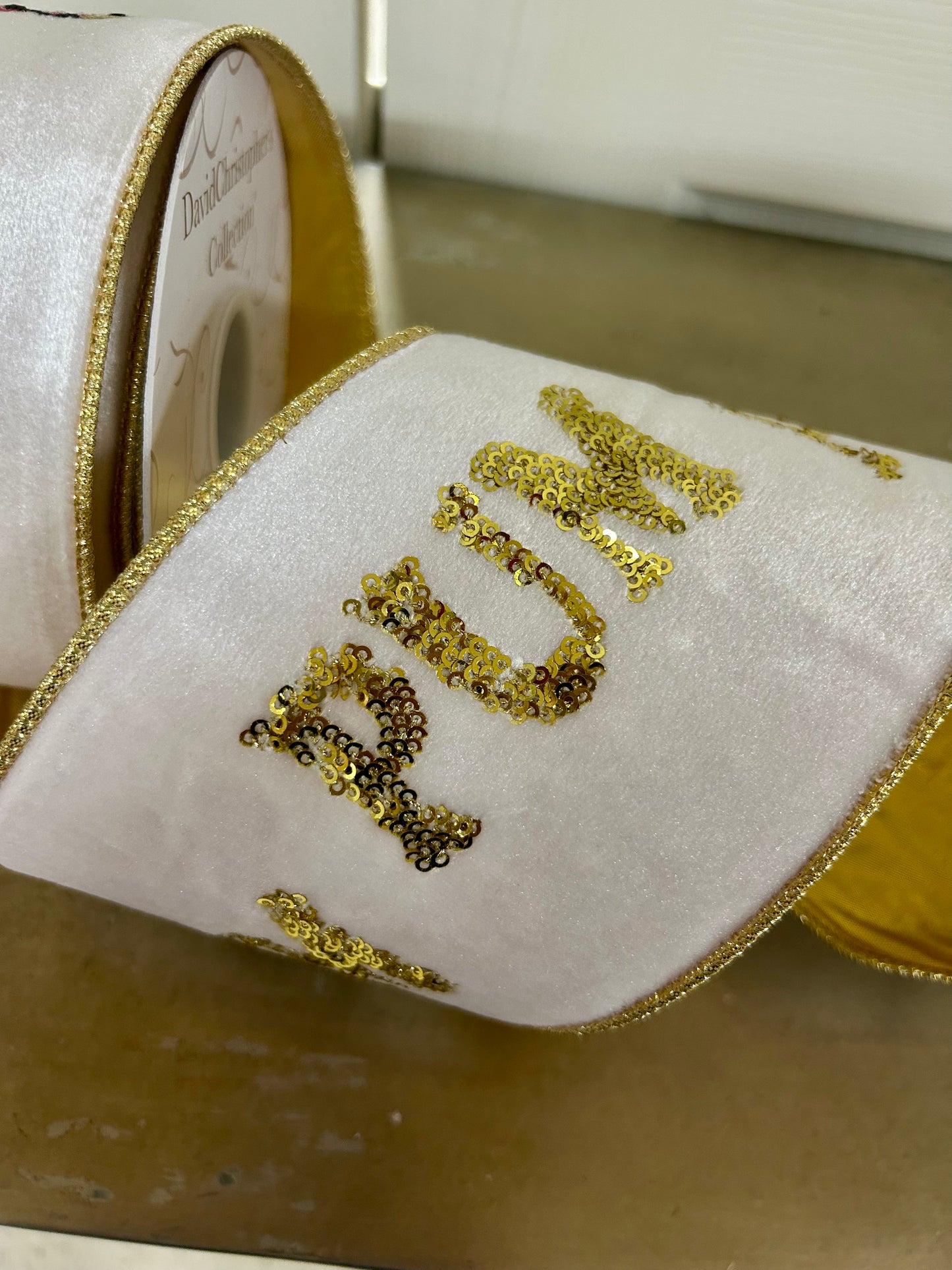 4 Inch By 10 Yard Pa Rum Pum Pum Gold Sequin Embroidery With Drum On Ivory Velvet Ribbon