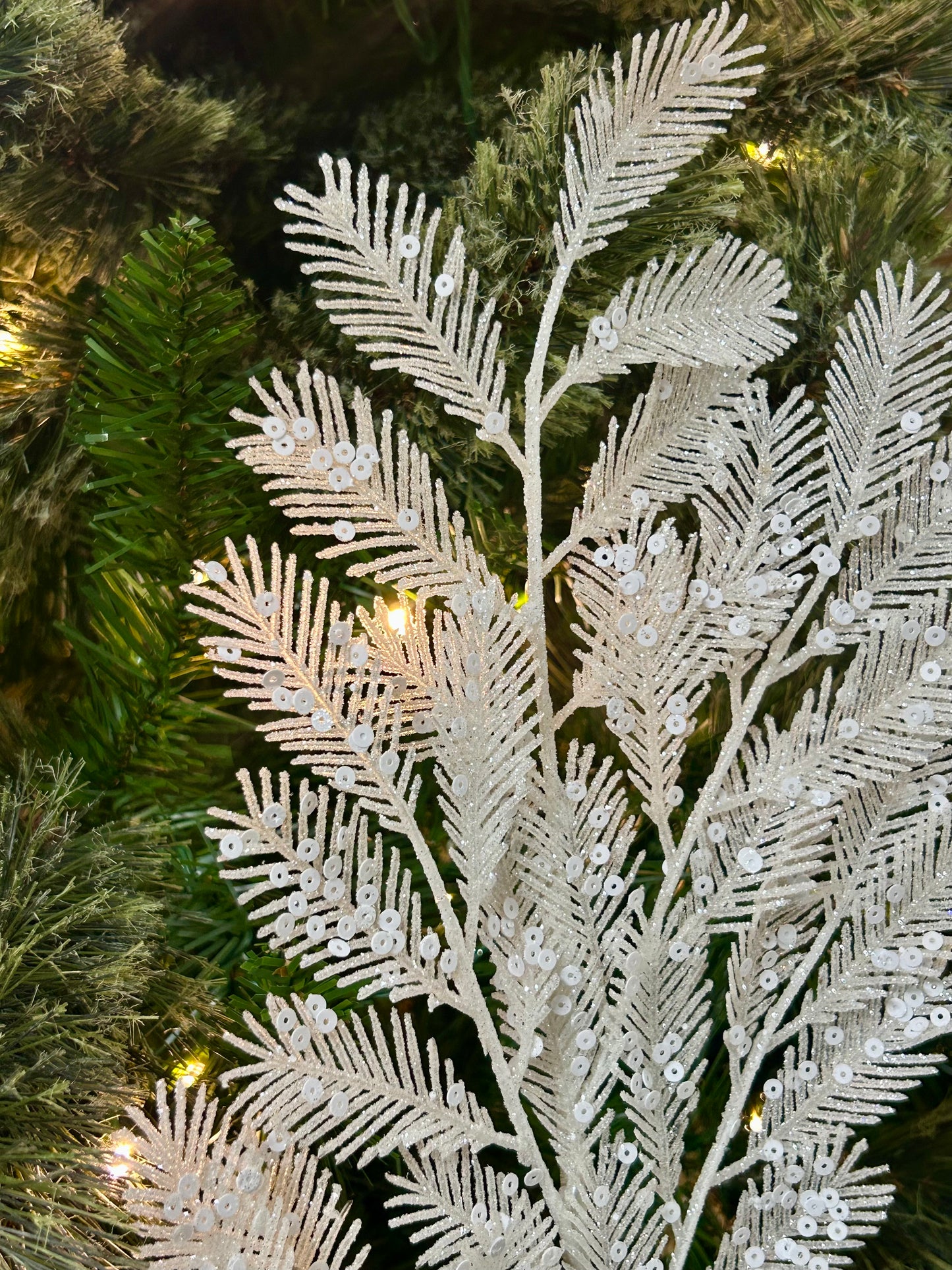 24 Inch White Glitter Sequin Fern Spray