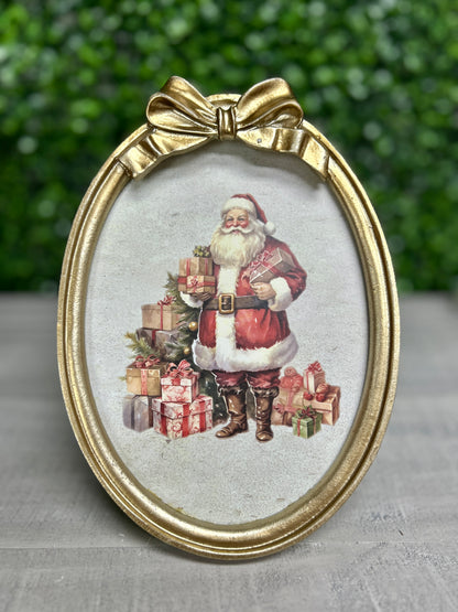 7.88 Inch Resin And Wood Oval Santa Plaque With Bow And Easel Two Styles