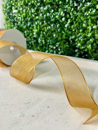 1.5 Inch By 25 Yard Old Gold Snow Organza Unwired Ribbon