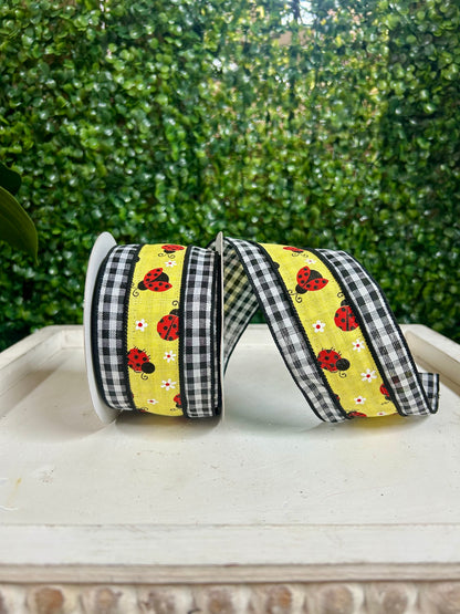 2.5 Inch By 10 Yard Ladybug On Check Ribbon