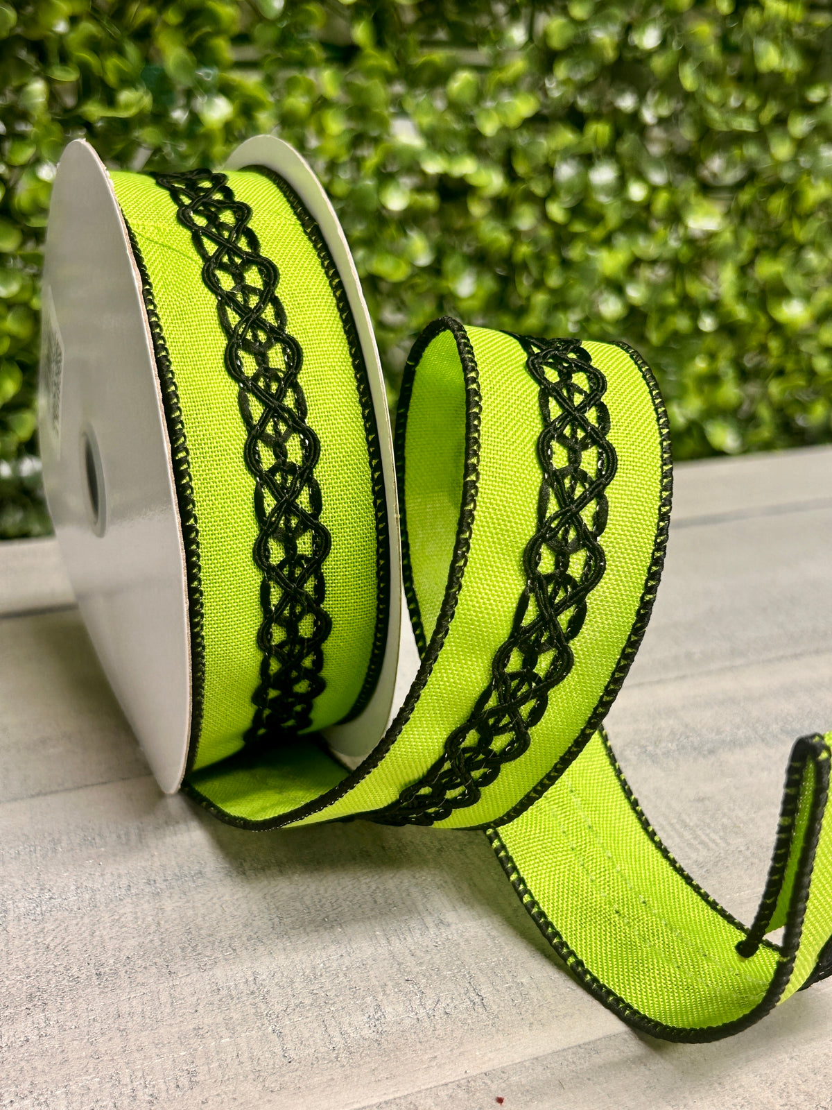 1.5 Inch By 10 Yard Lime Green And Black Lace On Faux Royal Ribbon