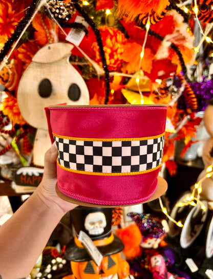 4 Inch By 10 Yard Hot Pink And Orange With Check Middle Ribbon