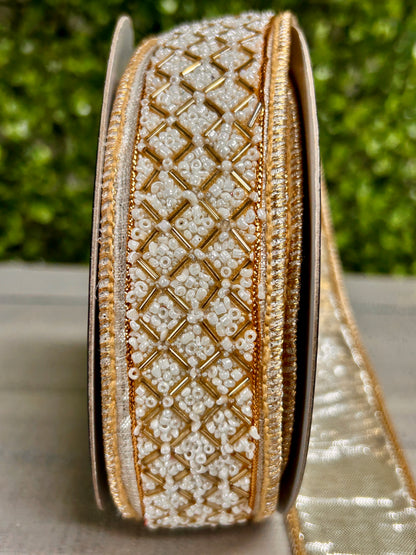 John Mark Enterprises 1.5 Inch By 5 Yard Ivory And Gold Beaded Trim Metallic Ribbon