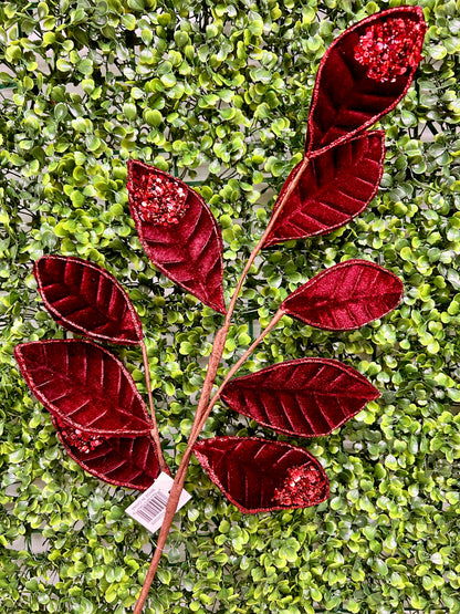 27 Inch Burgundy Velvet And Glitter Magnolia Leaf Spray
