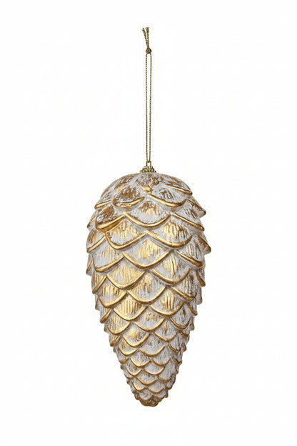 9 Inch White And Gold Pinecone Ornament