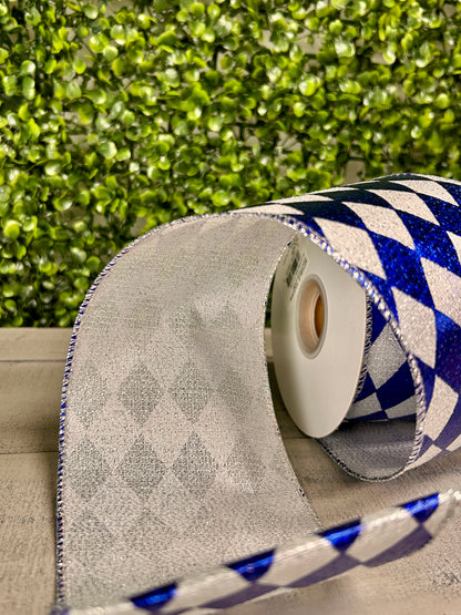 4 Inch By 10 Yard Royal Blue And Silver Harlequin Diamond Glimmer Deluxe Ribbon