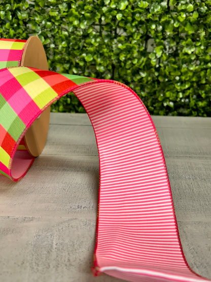 2.5 Inch By 10 Yard Flourescent Pink Green Plaid With Pink Stripe Back Ribbon
