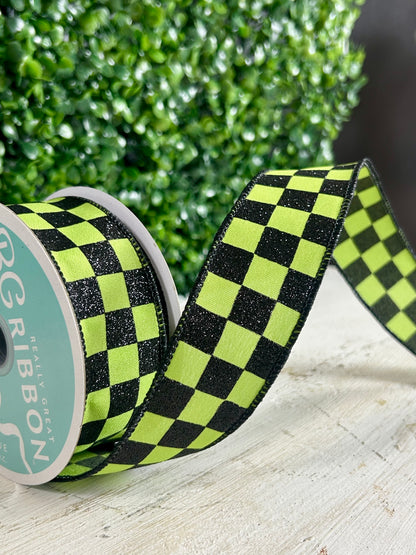 1.5 Inch By 10 Yard Lime Green And Black Glitter Check Ribbon
