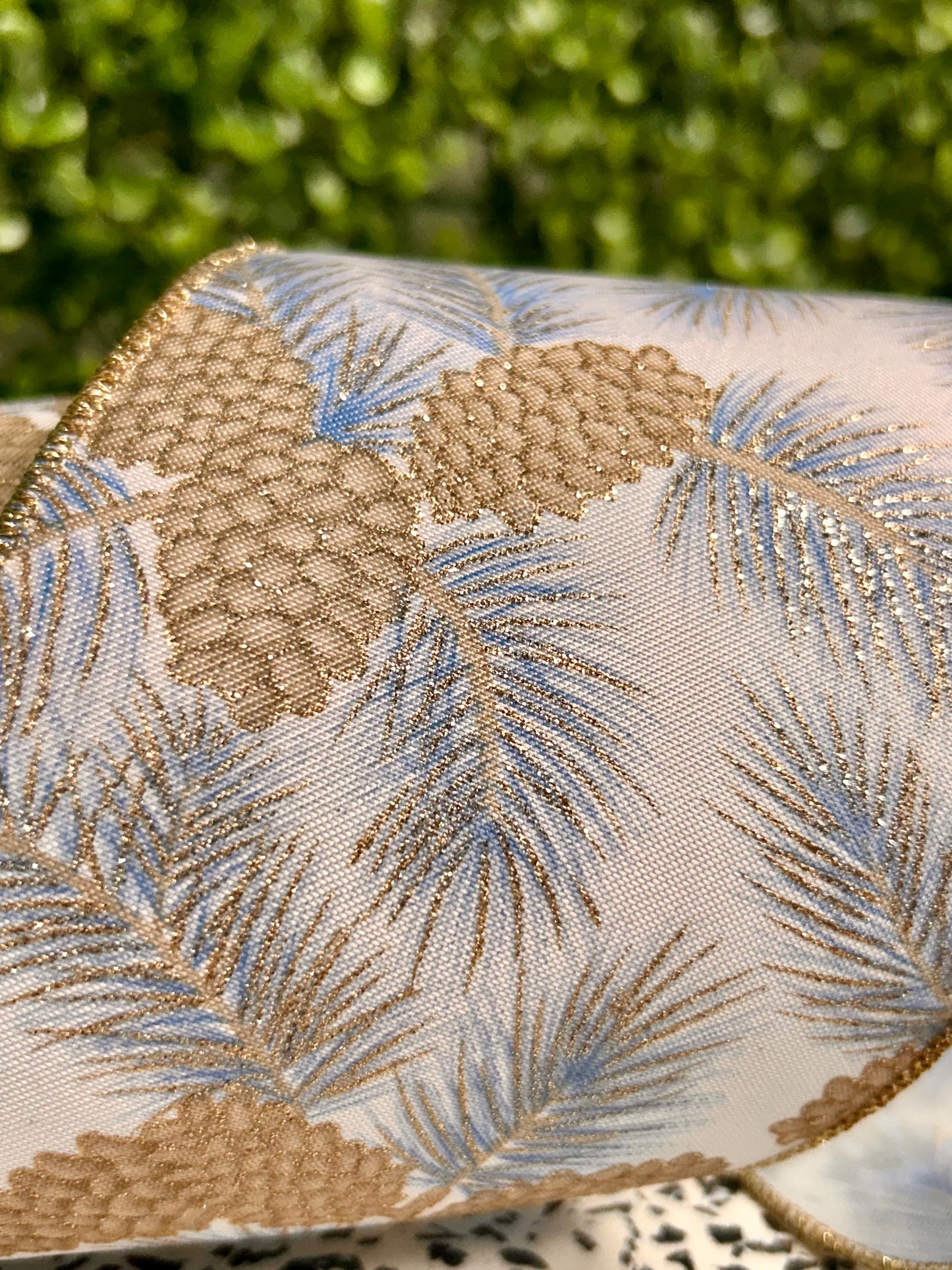 4 Inch By 10 Yard Blue And Champagne Pinecone Branches Ribbon