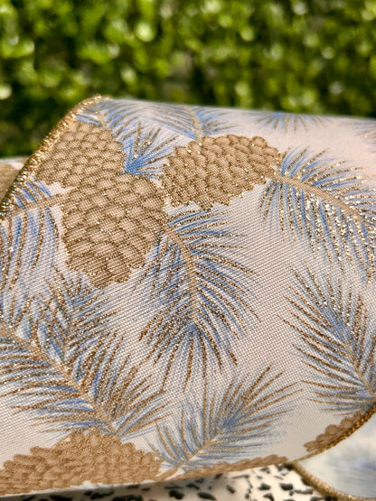 4 Inch By 10 Yard Blue And Champagne Pinecone Branches Ribbon