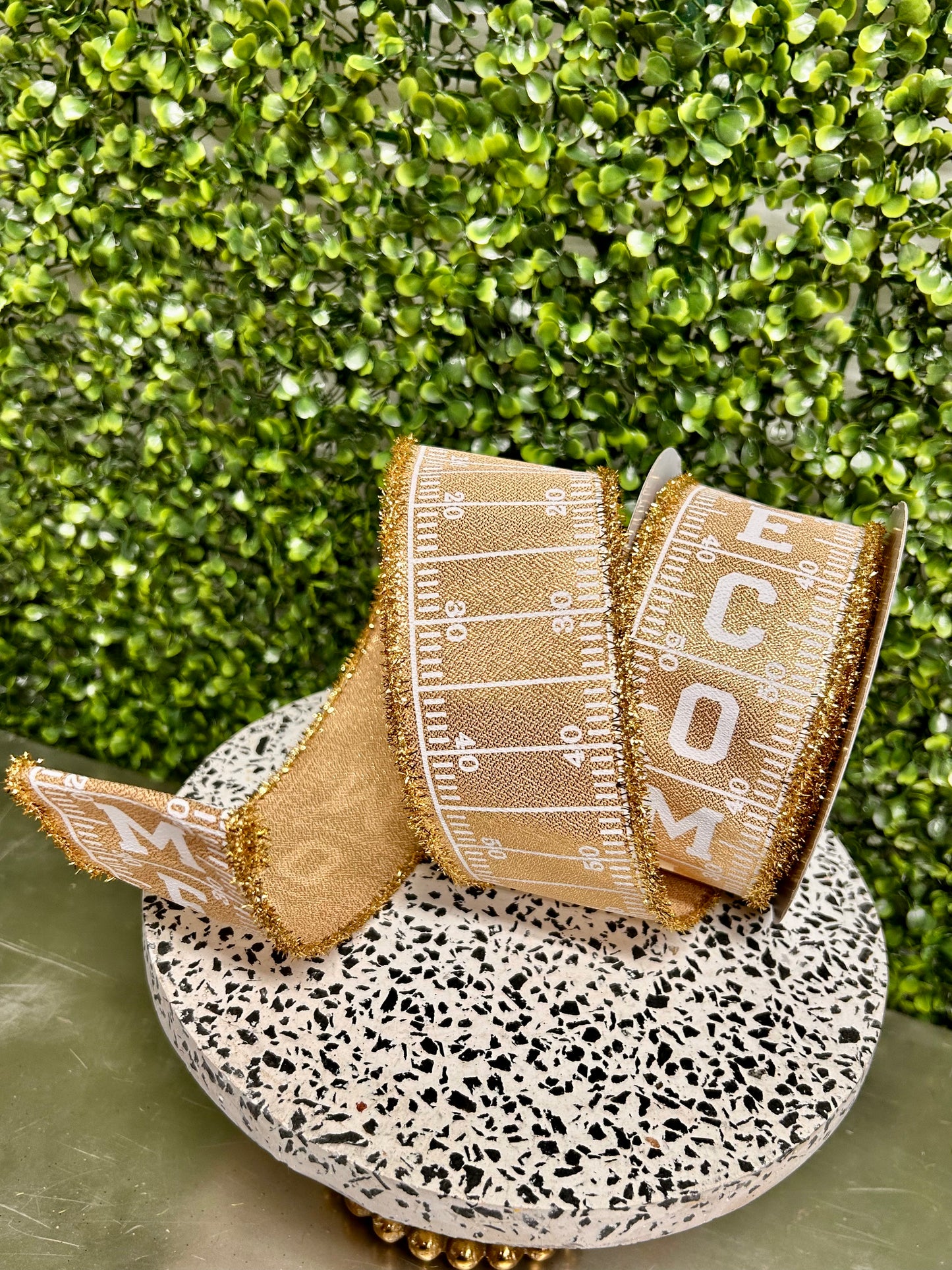 2.5 Inch By 10 Yard Gold And White Football Homecoming With Tinsel Edge Ribbon