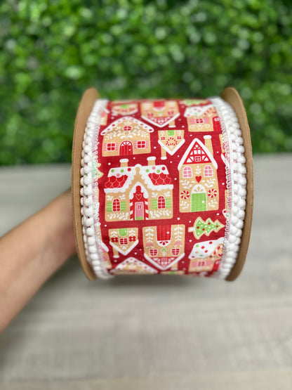 4 Inch By 10 Yard Gingerbread Houses On Red With White Backing Ribbon