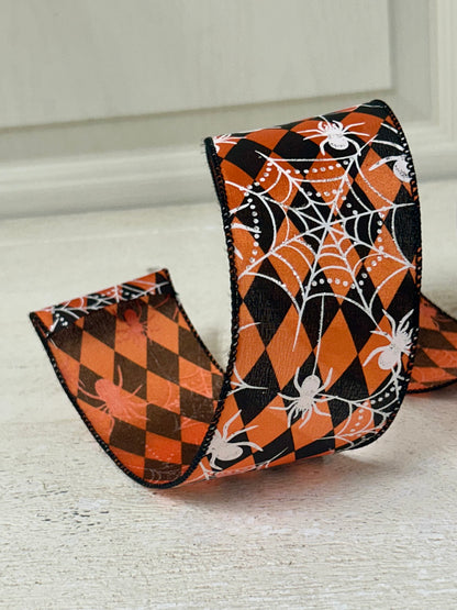 2.5 Inch By 10 Yard Black And Orange Harlequin With Spider Web Ribbon