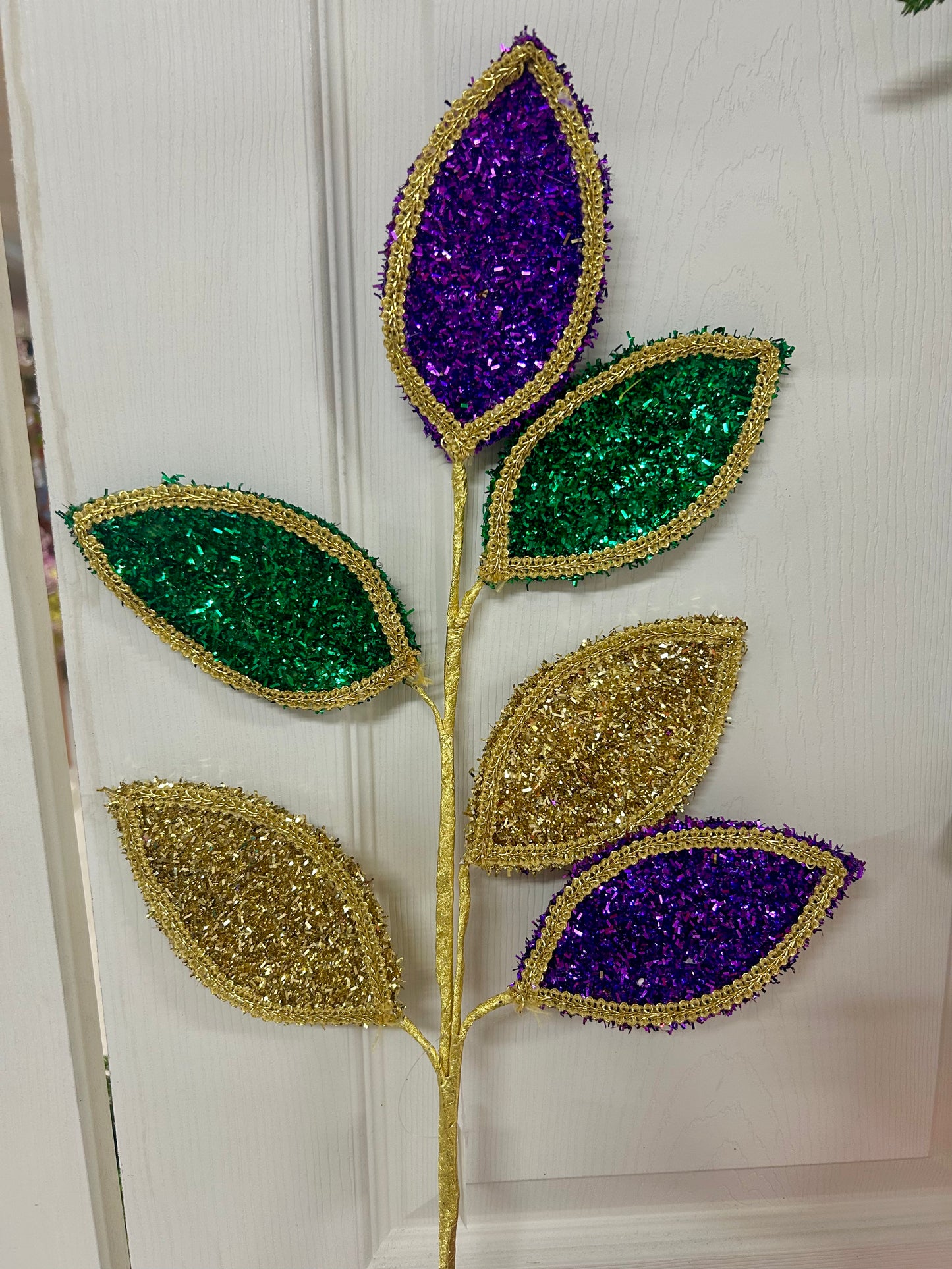 28 Inch Mardi Gras Glitter And Lace Leaf Spray