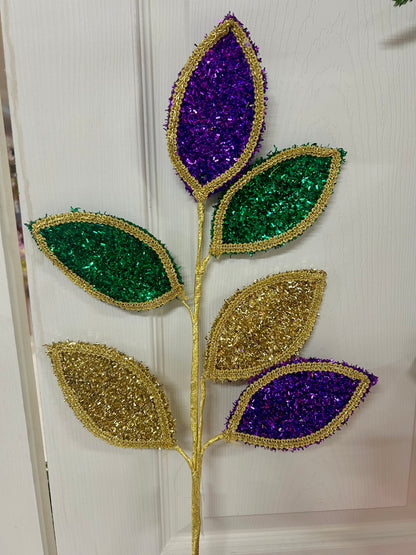 28 Inch Mardi Gras Glitter And Lace Leaf Spray
