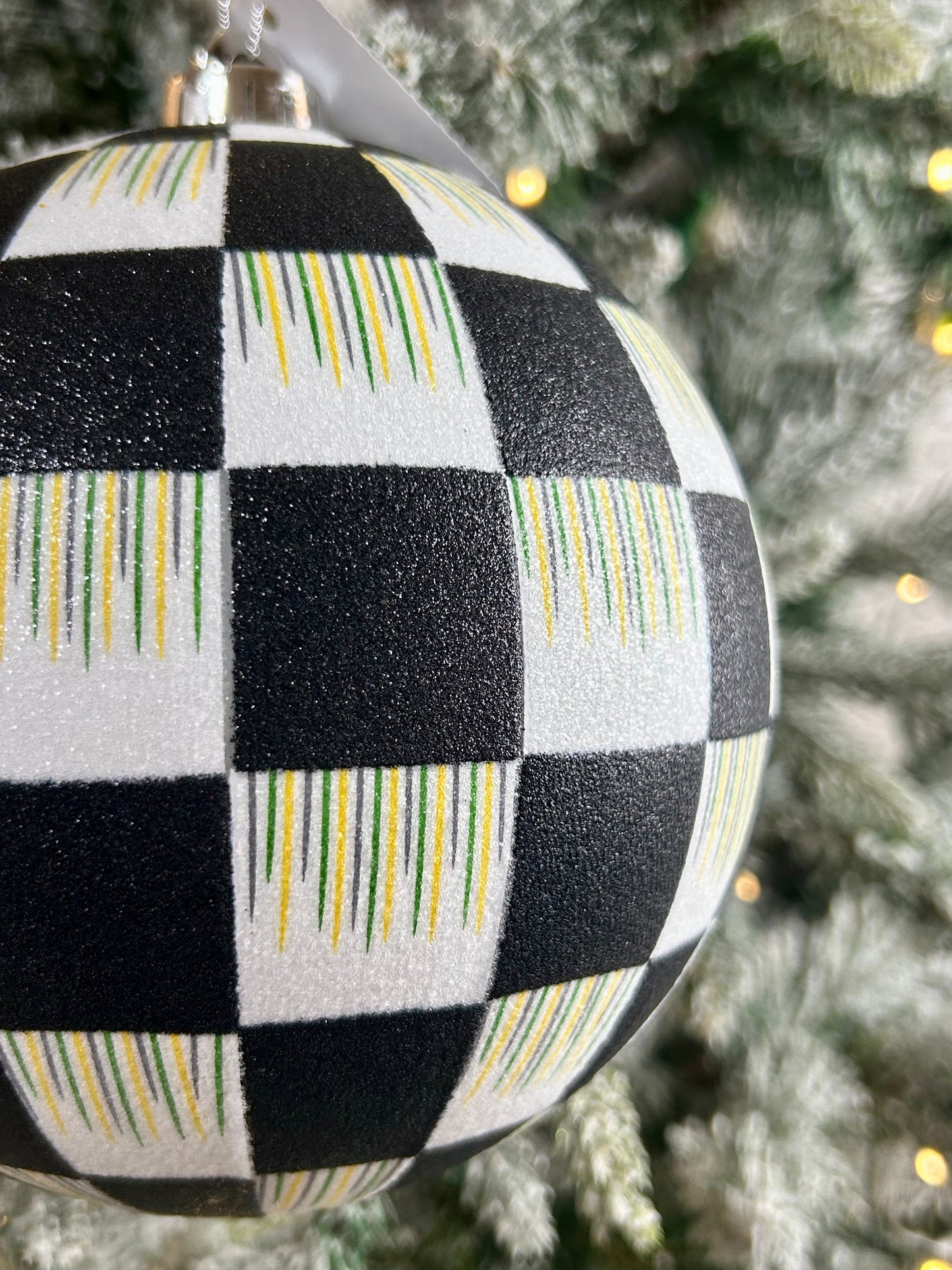 6 Inch Black And White Glitter Check Ornament