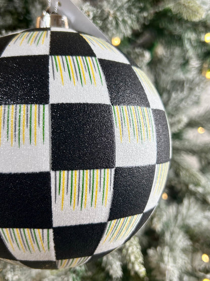 6 Inch Black And White Glitter Check Ornament