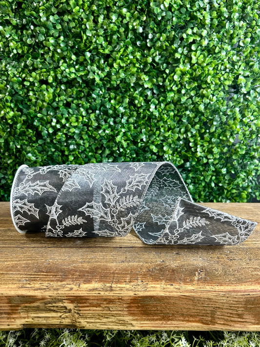 4 Inch By 10 Yard Silver Holly Glitter Satin Iridescent Ribbon