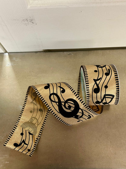 2.5 Inch By 10 Yard Gold And Black Bold Music Notes Striped Ribbon