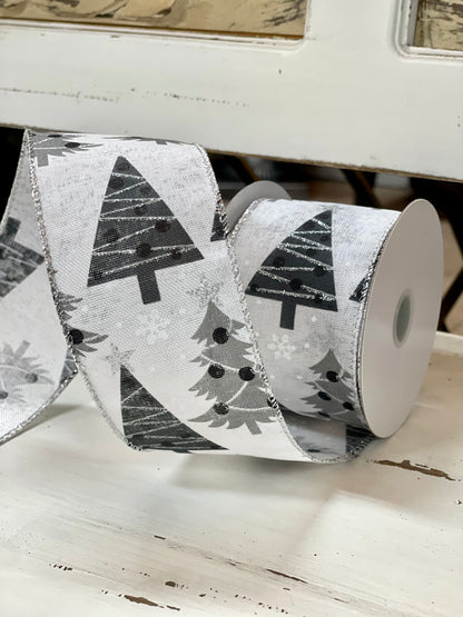 Gray Toned Christmas Trees 2.5 Inch Wired Ribbon