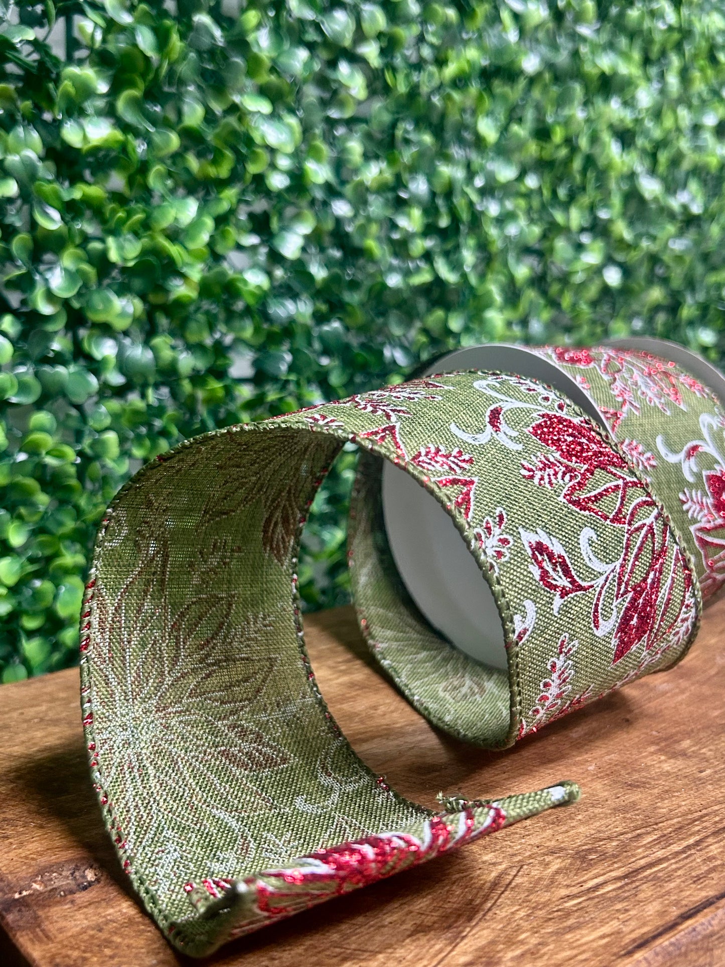 2.5 Inch By 10 Yard Red Glitter Leaf On Moss Green Ribbon