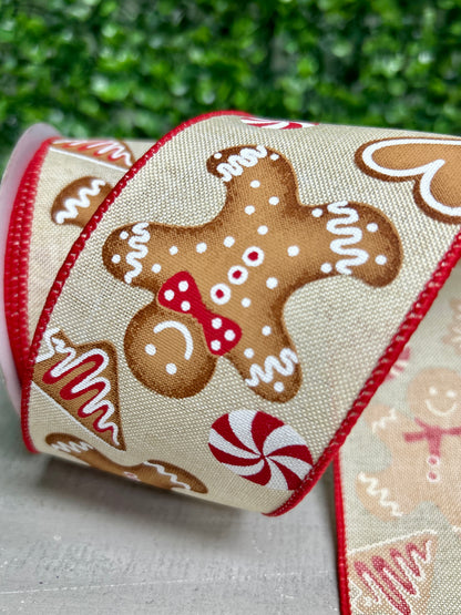 2.5 Inch By 10 Yard Cream Red And Brown Gingerbread Ribbon