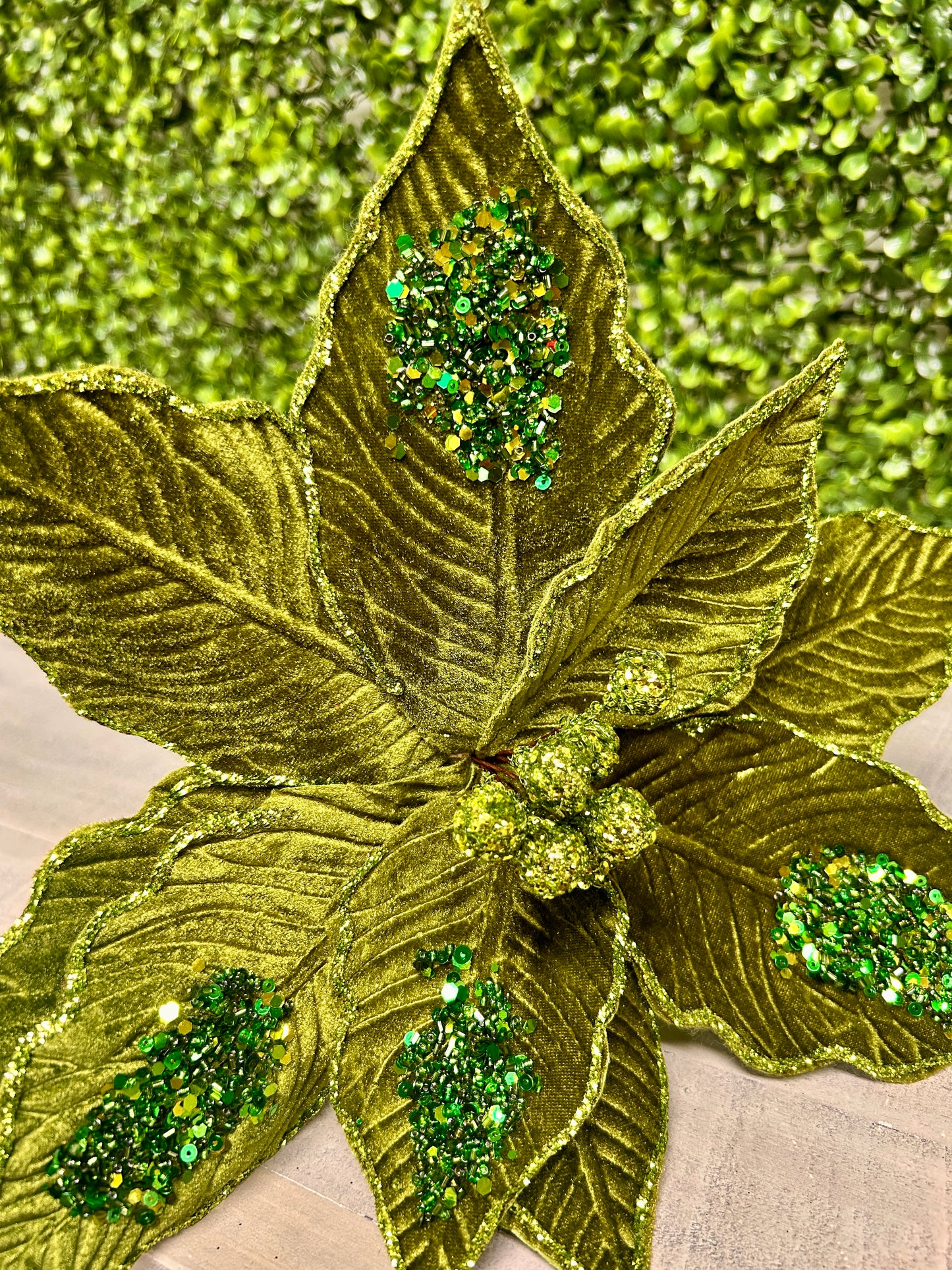 22 Inch Olive Velvet Sequined Poinsettia Stem