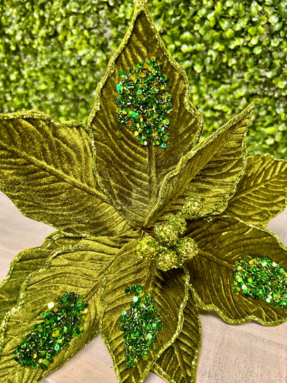 22 Inch Olive Velvet Sequined Poinsettia Stem