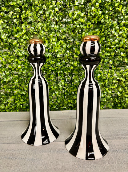 Set Of Two 10 Inch Black & White Striped Ceramic Taper Candle Holder