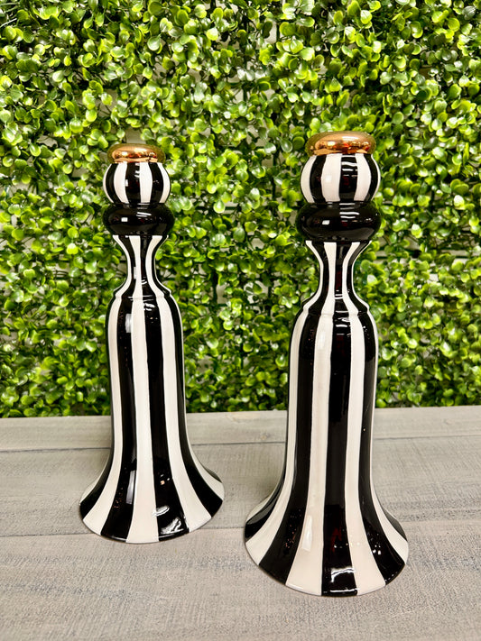 Set Of Two 10 Inch Black & White Striped Ceramic Taper Candle Holder