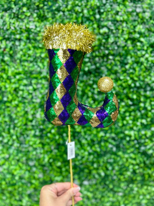 24 Inch Purple Green And Gold Sequin Elf Leg Pick