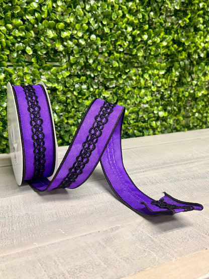 1.5 Inch By 10 Yard Purple And Black Lace On Faux Royal Ribbon