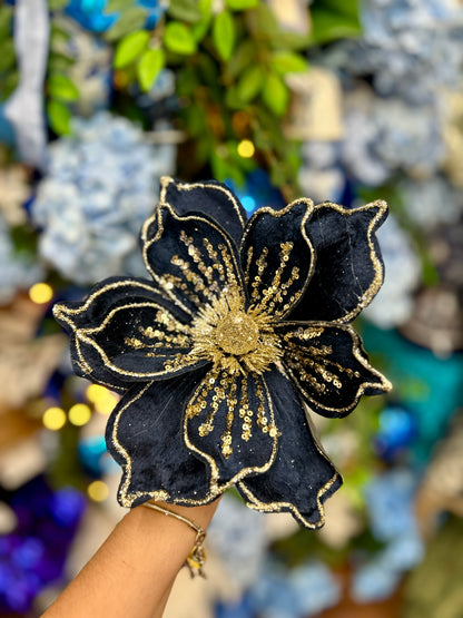 9 Inch Navy Blue With Champagne Sequins Velvet Magnolia Stem