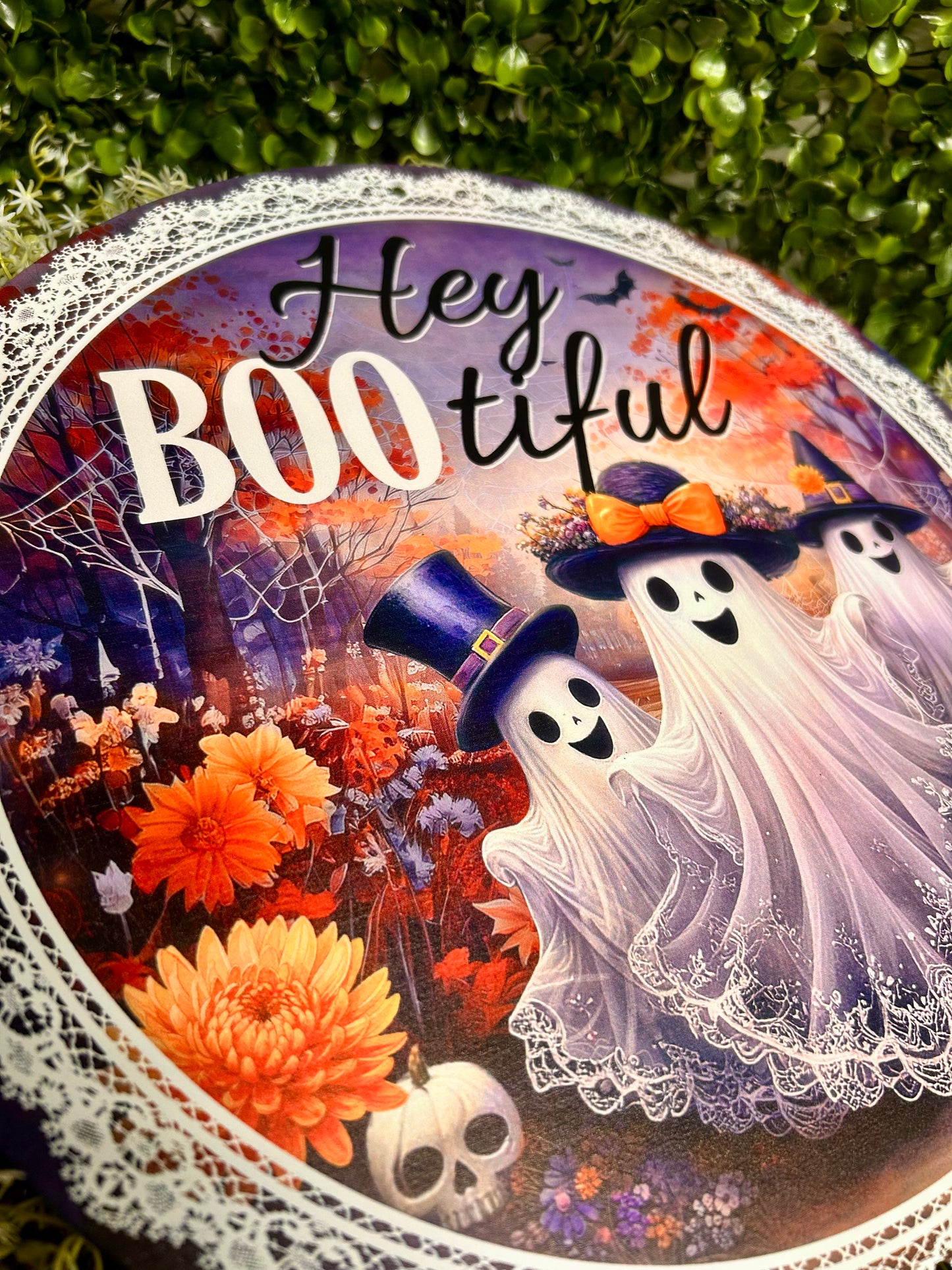 12 Inch Hey Boo-tiful With Ghosts Metal Sign