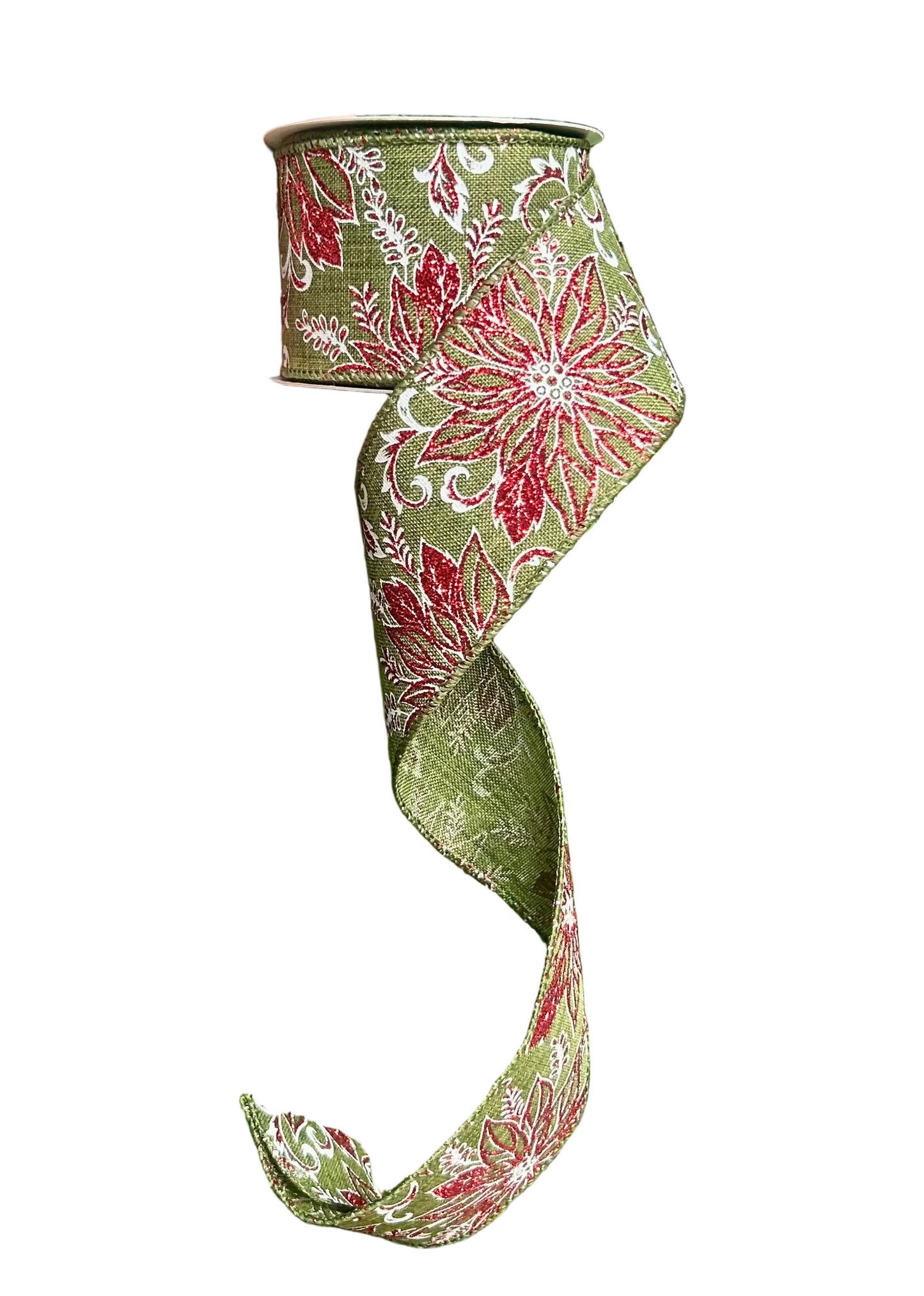2.5 Inch By 10 Yard Red Glitter Leaf On Moss Green Ribbon