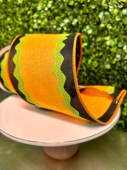 4 Inch By 10 Yard Orange Black And Lime Ricrac On Royal Burlap Ribbon